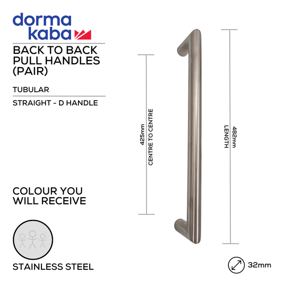 DPH-218-BTB-SS, Pull Handle, Tubular, Straight, D Handle, BTB, 32mm (Ø) x 482mm (l) x 425mm (ctc), Stainless Steel, Dormakaba