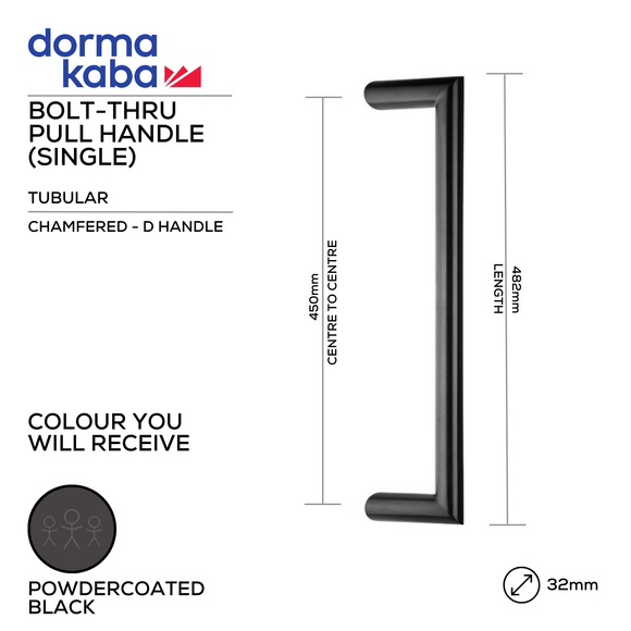 DPH219 BLK BT, Pull Handle, Tubular, Chamfered, D Handle, BoltThru, 32mm (Ø) x 482mm (l) x 450mm (ctc), PVD Black, Dormakaba