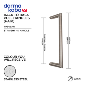 DPH-219-BTB-SS, Pull Handle, Tubular, Chamfered, D Handle, BTB, 32mm (Ø) x 482mm (l) x 450mm (ctc), Stainless Steel, Dormakaba