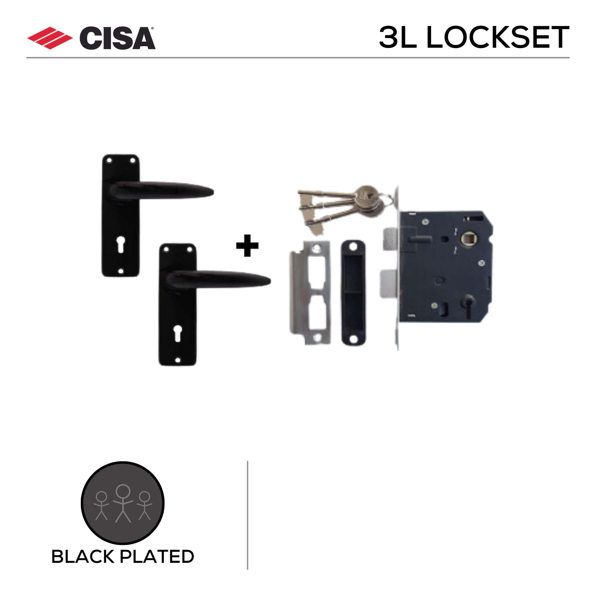 DPS3L SET H1-BL, Lockset, 3 Lever Lockset, Lever Handle, On Plate, Black Plated, CISA