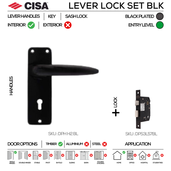 DPS3L SET H1-BL, Lockset, 3 Lever Lockset, Lever Handle, On Plate, Black Plated, CISA