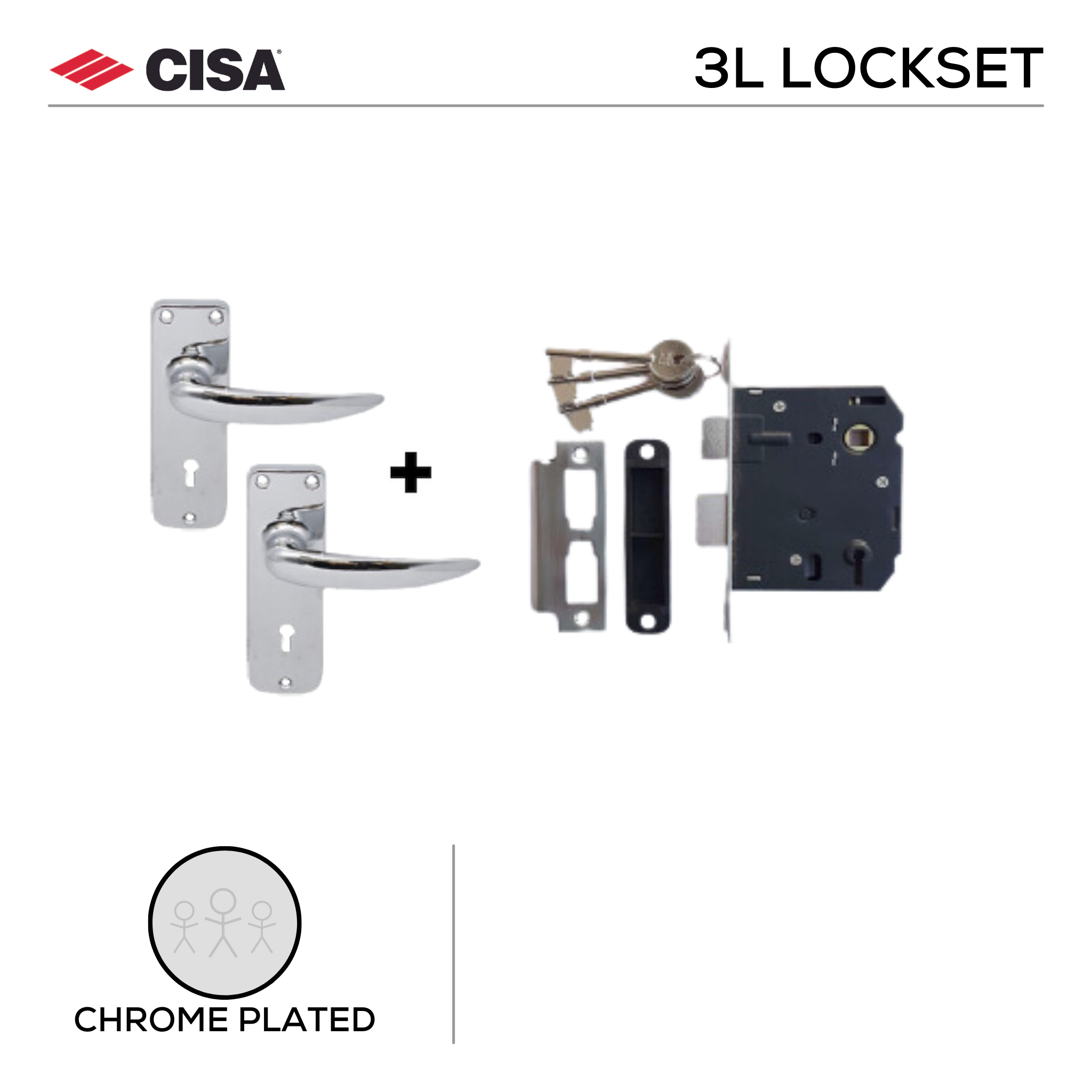 DPS3L SET H1, 3 Lever Lockset, Lever Handle, On Plate, Chrome Plated, CISA