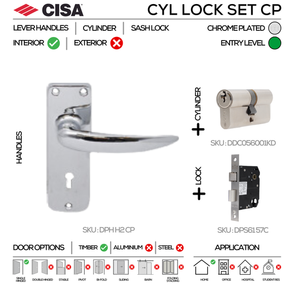 DPS61 57C H2, Cylinder Lockset, Lever Handle, On Plate, Chrome Plated, CISA