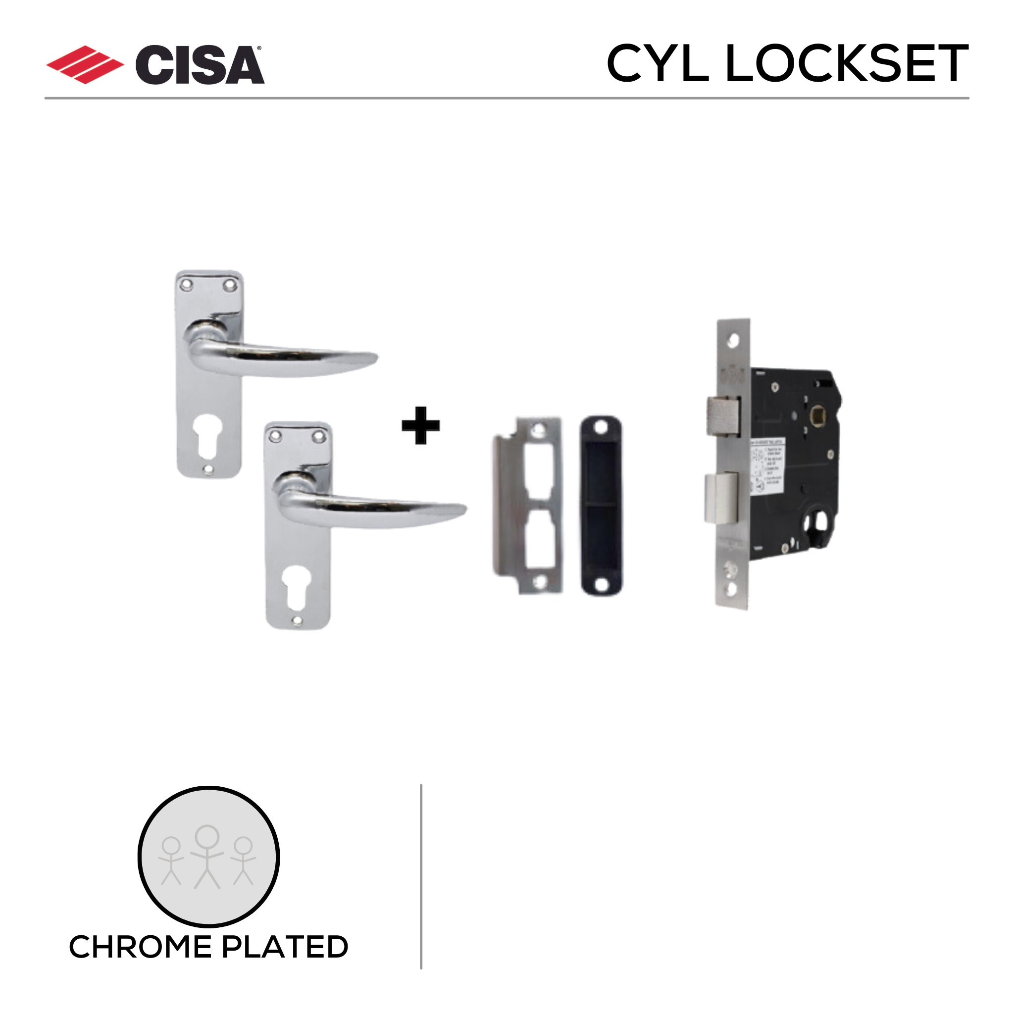 DPS61 57 H2, Lockset, Cylinder Lockset, Cylinder excl, Lever Handle, On Plate, Chrome Plated, CISA