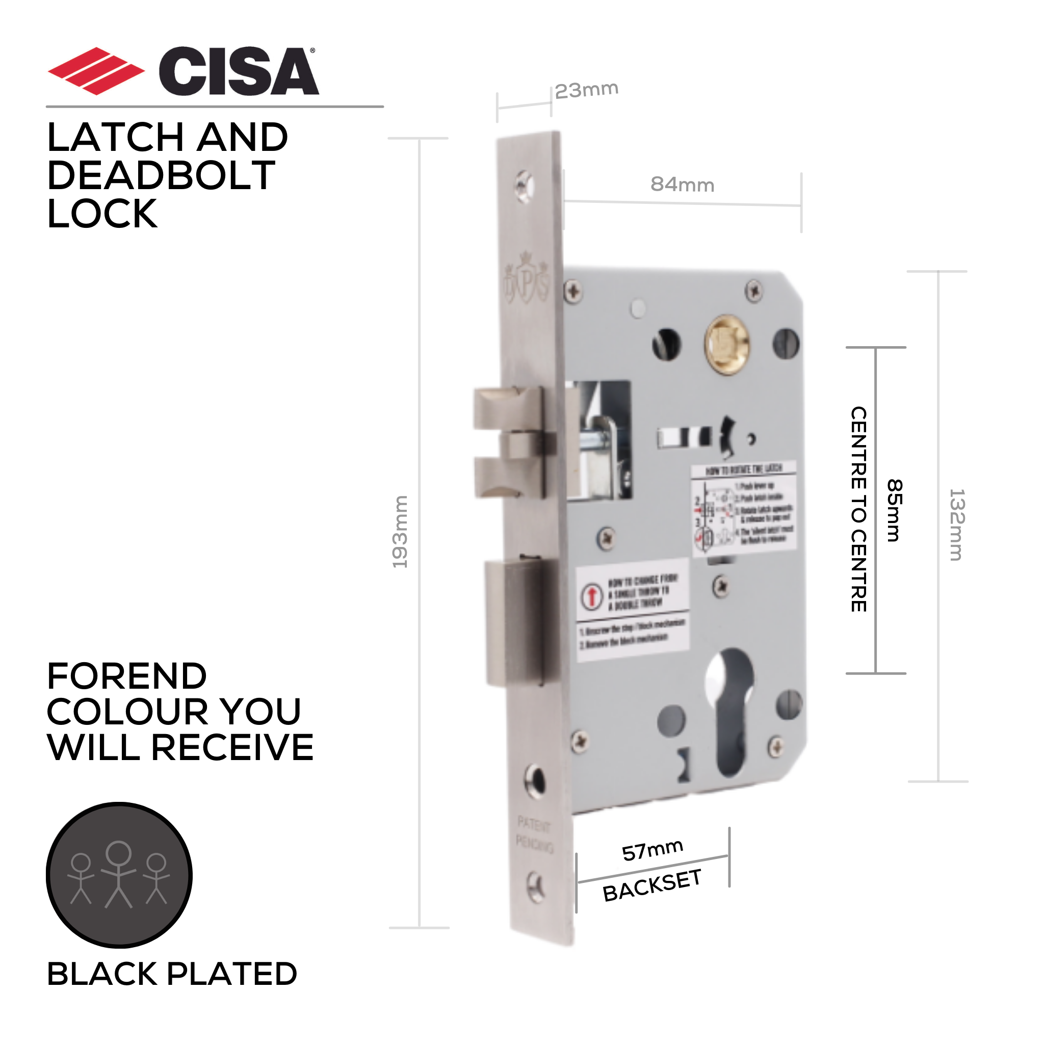 DPS85-57-BL-W, Latch & Deadbolt Lock, Euro Cylinder, Excluding Cylinder, 57mm (Backset), 85mm (ctc), Black, CISA