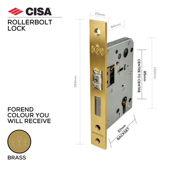 DPS85-57-R-SB, Rollerbolt & Deadbolt Lock, Euro Cylinder, Excluding Cylinder, 57mm (Backset), 85mm (ctc), Brass, CISA