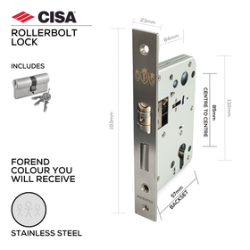 DPS85-57-R, Rollerbolt & Deadbolt Lock, Euro Cylinder, Including  08500-10-12 Cylinder, 57mm (Backset), 85mm (ctc), Stainless Steel, CISA