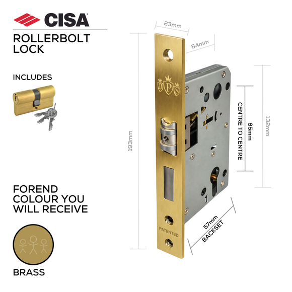 DPS85-57-R-SB, Rollerbolt & Deadbolt Lock, Euro Cylinder, Including  08500-10-SB Cylinder, 57mm (Backset), 85mm (ctc), Brass, CISA