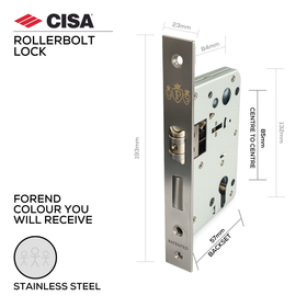 DPS85-57-R, Rollerbolt & Deadbolt Lock, Euro Cylinder, Excluding Cylinder, 57mm (Backset), 85mm (ctc), Stainless Steel, CISA