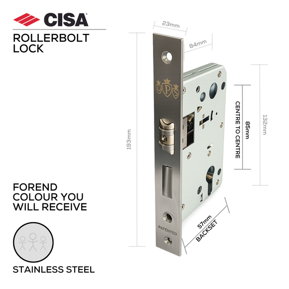 DPS85-57-R, Rollerbolt & Deadbolt Lock, Euro Cylinder, Excluding Cylinder, 57mm (Backset), 85mm (ctc), Stainless Steel, CISA