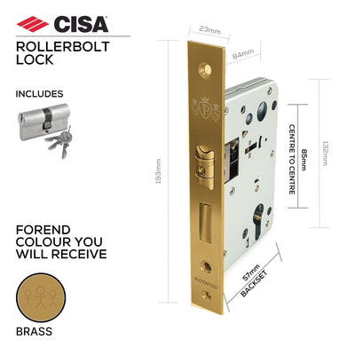 CISA DPS85 premium rollerbolt and deadbolt lock, 57mm, Brass forend
