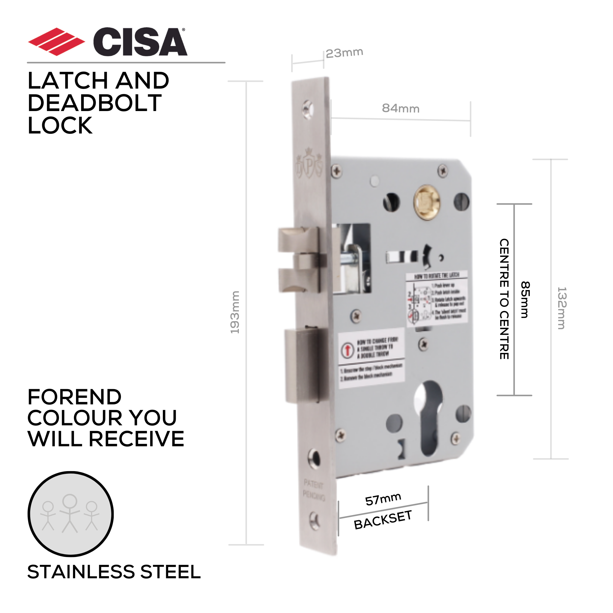 DPS85-57-SS, Latch Lock, 57mm (backset), Stainless Steel, CISA