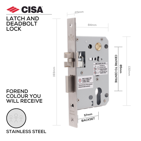 DPS85-57-SS, Latch Lock, 57mm (backset), Stainless Steel, CISA(see below other color options)