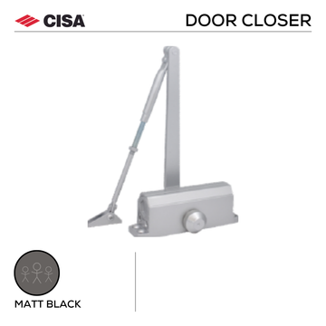 Main product view of CISA Black Door Closer, made for Residential with dark, sleek, and ready to stand out, Up to 60kg.