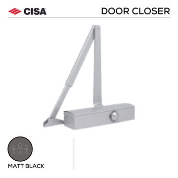 Main product view of CISA Black Door Closer, made for commercial doors with dark, sleek, and ready to stand out, Up to 80kg.