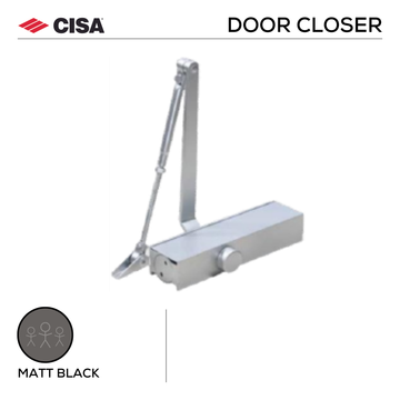 CISA Black Door Closer main product view; sharp modern attitude for a better door setup, Up to 120kg.