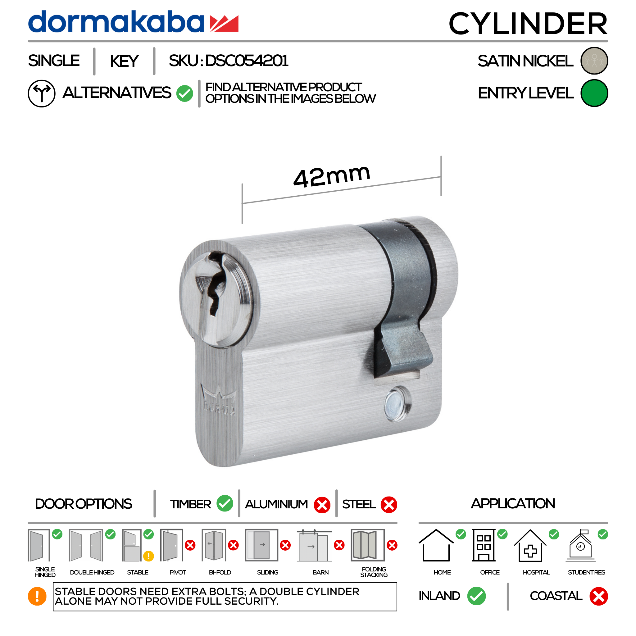 DORMAKABA DSC054201 Nickel Cylinder Lock 42mm | The Stickman Store