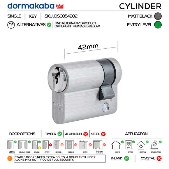 DSC054202 KD, 42mm - 32/10, Half (Single Cylinder), Key, Keyed to Differ (Standard), 2 Keys, 5 Pin, Matt Black, DORMAKABA