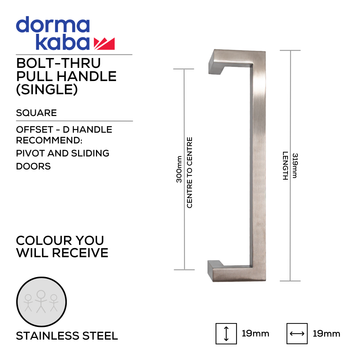 Main product view showing DORMAKABA Stainless Steel Pull Handle — tough stainless shine for patio and sliding doors, 19mm (d) x 319mm (l).