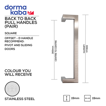 DORMAKABA Stainless Steel Pull Handle for patio and sliding doors, main product view with strong stainless style, 19mm (d) x 319mm (l).