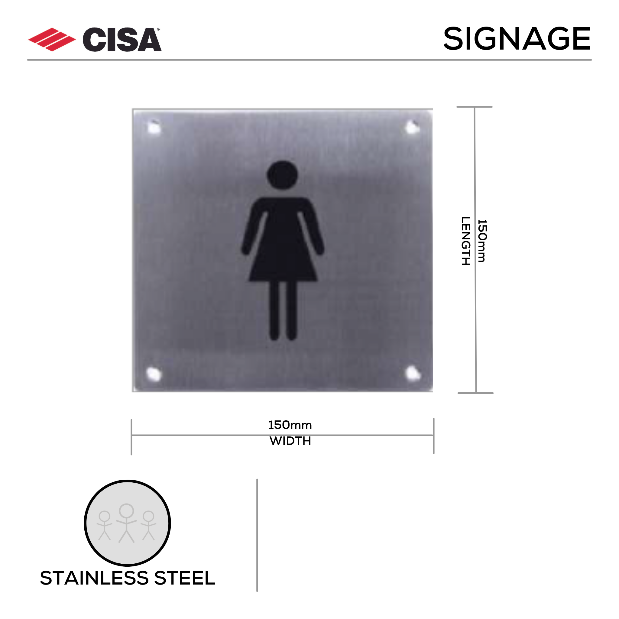 F.SGN – F, Door Signage, Female sign, 150mm (l), 150mm (w), Stainless Steel, CISA