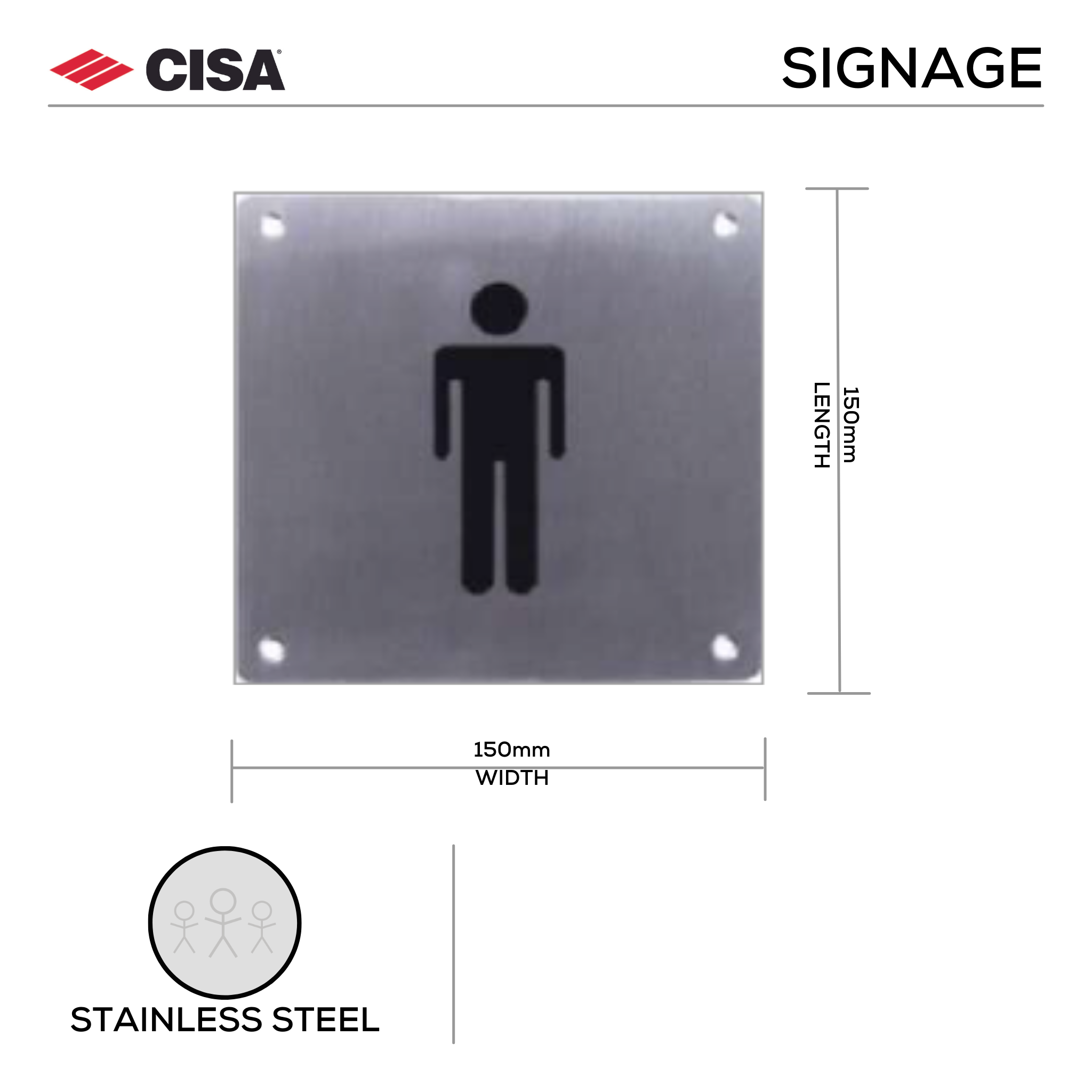 F.SGN – M, Door Signage, Male sign, 150mm (l), 150mm (w), Stainless Steel, CISA