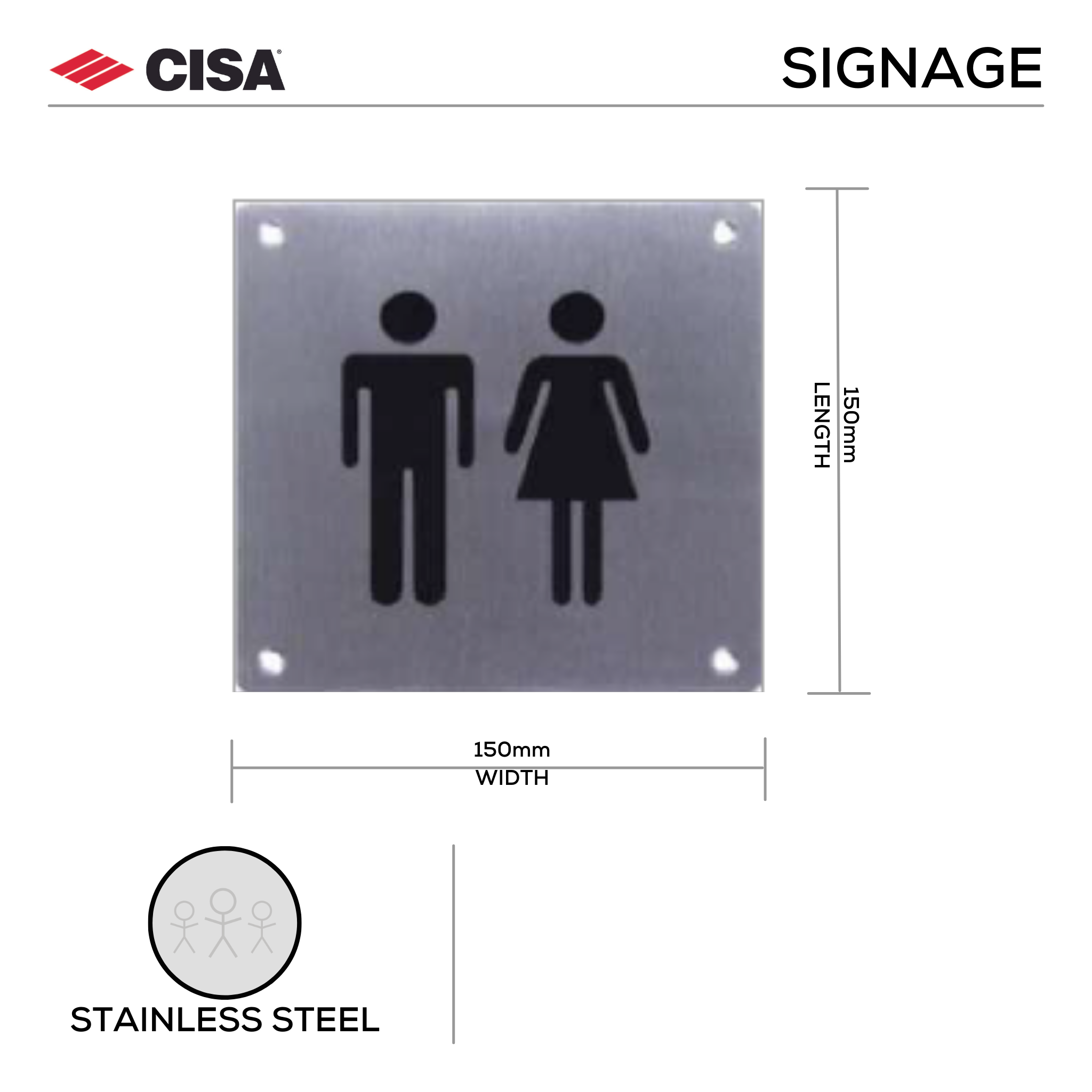 F.SGN – MF, Door Signage, Male and Female sign, 150mm (l), 150mm (w), Stainless Steel, CISA