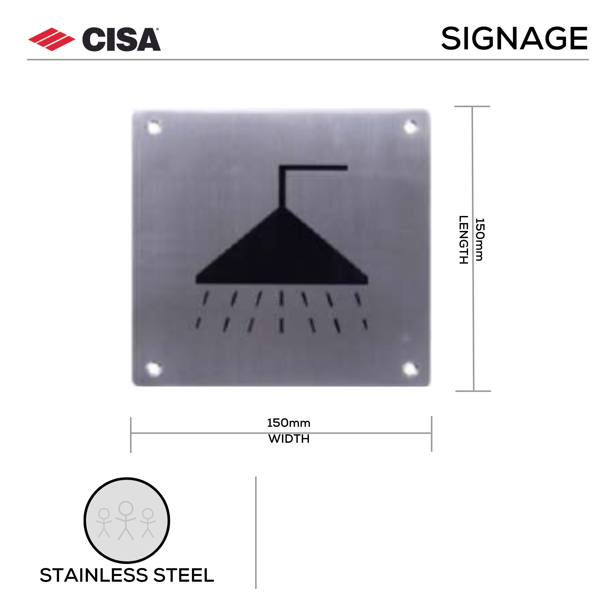 F.SGN – SH, Door Signage, Shower sign, 150mm (l), 150mm (w), Stainless Steel, CISA