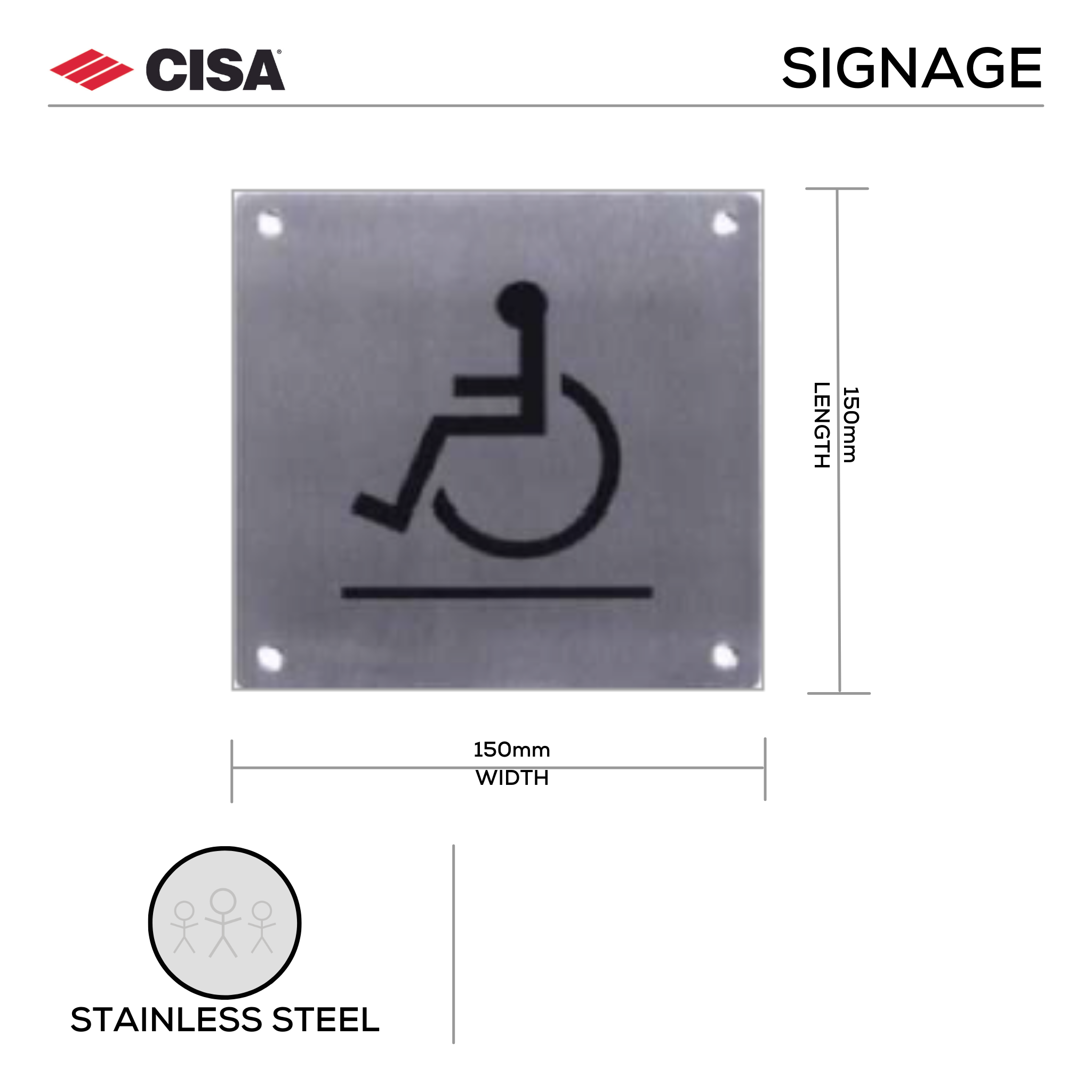 F.SGN – WCH, Door Signage, Wheelchair sign, 150mm (l), 150mm (w), Stainless Steel, CISA