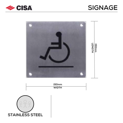 F.SGN – WCH, Door Signage, Wheelchair sign, 150mm (l), 150mm (w), Stainless Steel, CISA