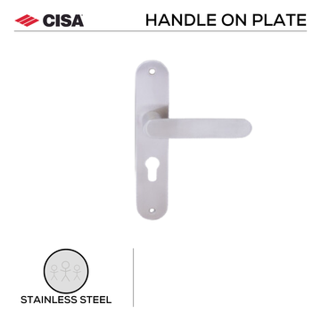 Main product view showing CISA Stainless Steel Lever Handle — tough stainless shine for patio and sliding doors.