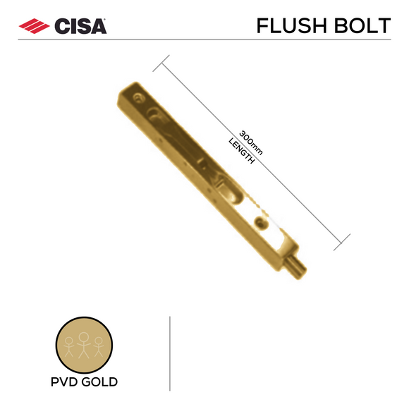 Box Type Flush Bolt, 300mm, Satin Rose Gold, Stainless Steel, Black or PVD Gold - CISA