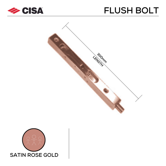 Box Type Flush Bolt, 300mm, Satin Rose Gold, Stainless Steel, Black or PVD Gold - CISA