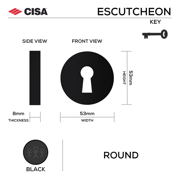 Round Rose Keyhole Escutcheon, 53mm x 8mm, Stainless Steel, Tarnish Resistant, Matt Black, PVD Brass or Satin Rose Gold - CISA