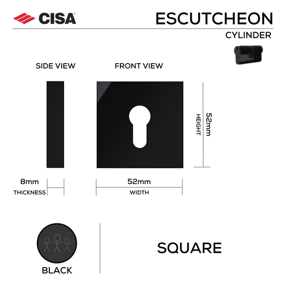 Square Rose Cylinder Escutcheon, 52mm x 8mm, Stainless Steel, Black, Satin Rose Gold or Tarnish Resistant - CISA