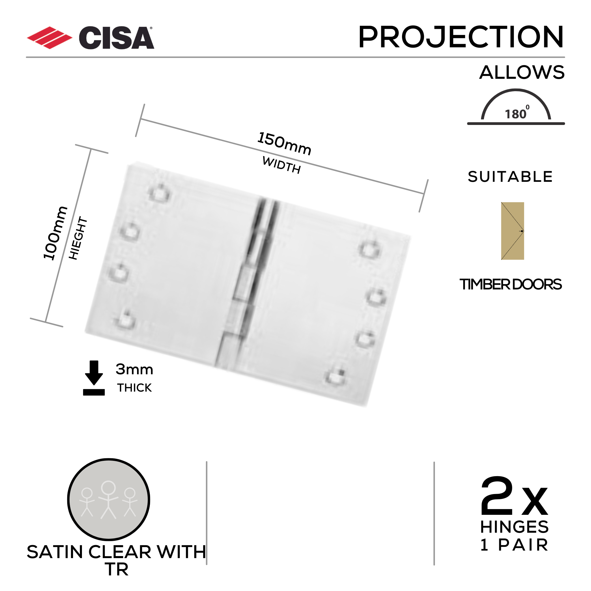 FH150X3-TR, Projection Hinge, 2 x Hinges (1 Pair), 100mm (h) x 150mm (w) x 3mm (t), Satin with Tarnish Resistant, CISA