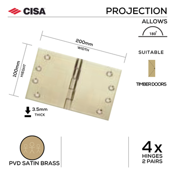 CISA Satin Brass Hinge for patio and sliding doors, main product view with warm brass confidence, 100mm (h) x 200mm (w).