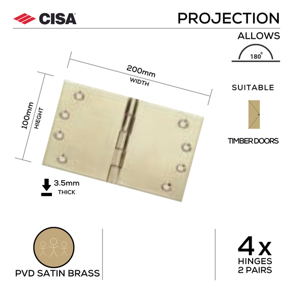 FH200X3-SBR, Projection Hinge, 2 x Hinges (1 Pair), 100mm (h) x 200mm (w) x 3.5mm (t), Satin Brass, CISA