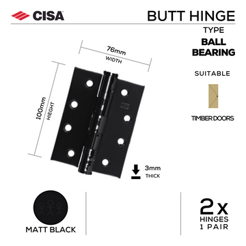 Double Ball Bearing Butt Hinges, 100 x 76mm, PVD Satin Brass, Matt Black or Tarnish Resistant, Pair - CISA