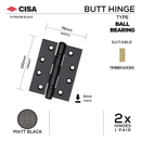 FH76X3B-MBL, Ball Bearing Butt Hinge, Pair, 100 × 76mm, CISA (Available in 2mm, 3mm, Satin Stainless Steel, Stainless Steel TR (Coastal), Satin Black, Matt Black & Satin Brass)-1