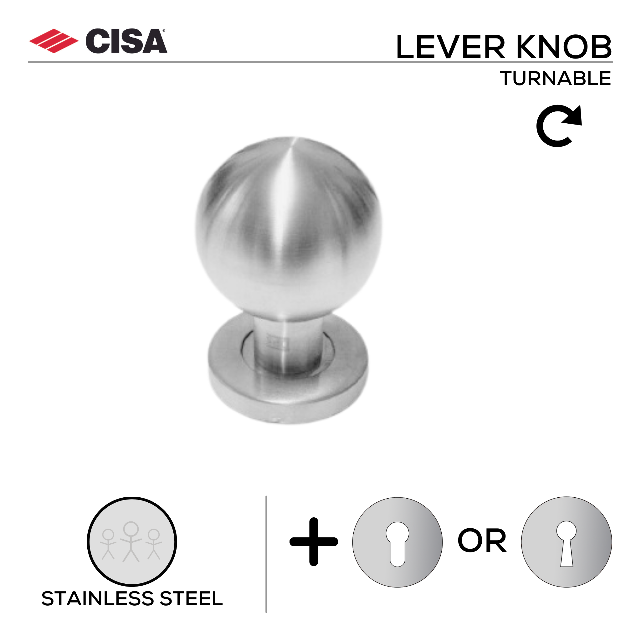 FKN01._.SS, Knob Handle, Lever, On Rose, With Escutcheons, Stainless Steel, CISA