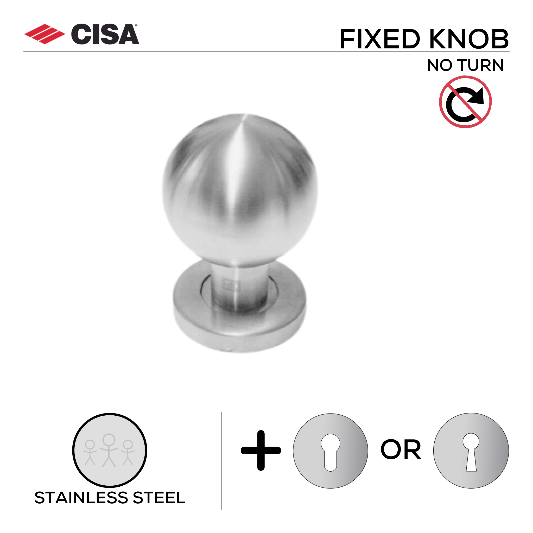 FKN01._.F.SS, Knob Handle, Fixed, On Rose, With Escutcheons, Stainless Steel, CISA