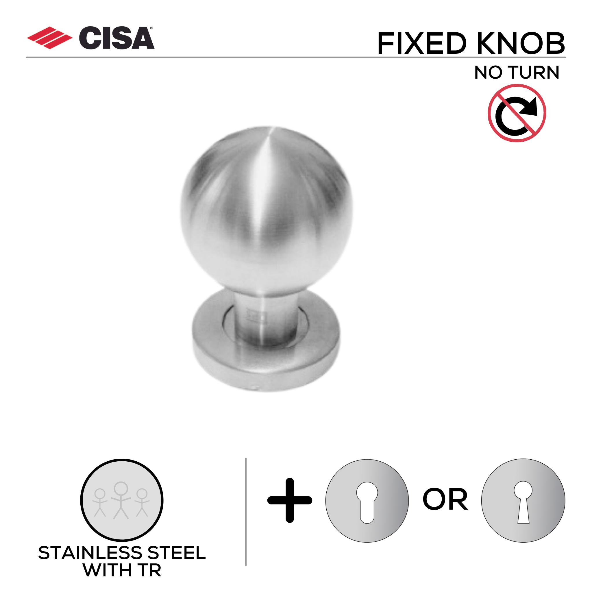 FKN01._.F.TR, Knob Handle, Fixed, On Rose, With Escutcheons, Stainless Steel with Tarnish Resistant, CISA