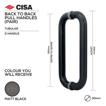 FP.D10.BB.MBL, Pull Handle, Tubular, D Handle, BTB, 30mm (Ø) x 330mm (l) x 300mm (ctc), Matt Black, CISA