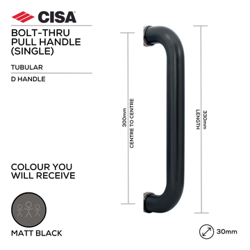 FP.D10.BTF.MBL, Pull Handle, Tubular, D Handle, BoltThru, 30mm (Ø) x 330mm (l) x 300mm (ctc), Matt Black, CISA