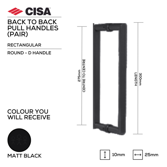 Flat-Face D Pull Handle, 400mm, Back-to-Back, Stainless Steel or Matt Black - CISA - Matt Black