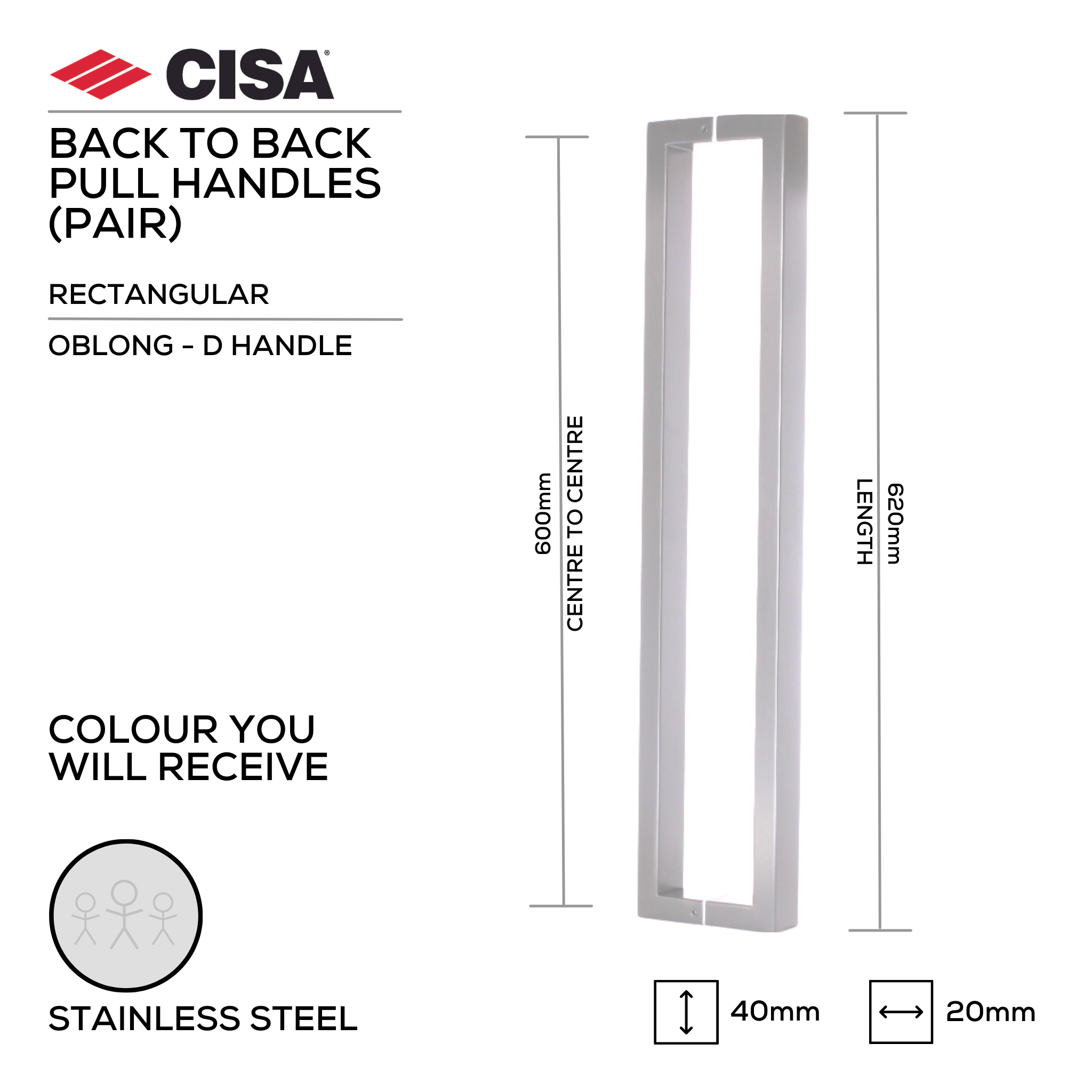 FP.OB09.BB.SS, Pull Handle, Rectangular, Oblong, D Handle, BTB, 40x20mm x 620mm (l) x 600mm (ctc), Stainless Steel, CISA