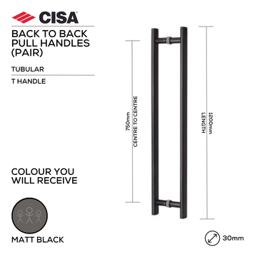 FP.OT44.BB.MBL, Pull Handle, Tubular, T Handle, BTB, 30mm (Ø) x 1200mm (l) x 750mm (ctc), Matt Black, CISA