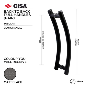 FP.SC16.BB.MBL, Pull Handle, Tubular, Semi, C Handle, BTB, 32mm (Ø) x 420mm (l) x 350mm (ctc), Matt Black, CISA