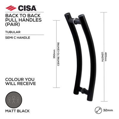 FP.SC16.BB.MBL, Pull Handle, Tubular, Semi, C Handle, BTB, 32mm (Ø) x 420mm (l) x 350mm (ctc), Matt Black, CISA